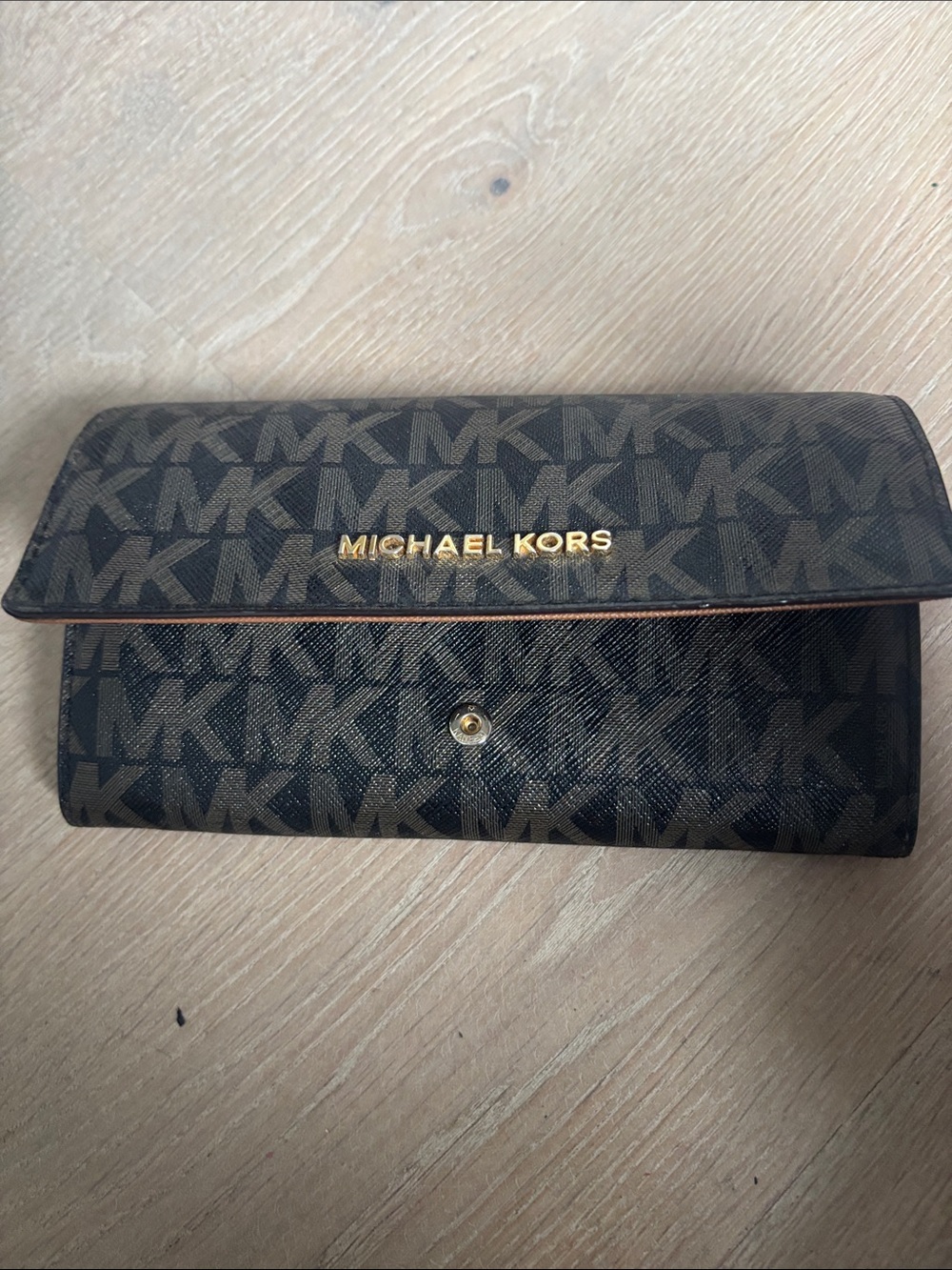Michael Kors Dark Brown MK Logo Continental Wallet with Gold Hardware